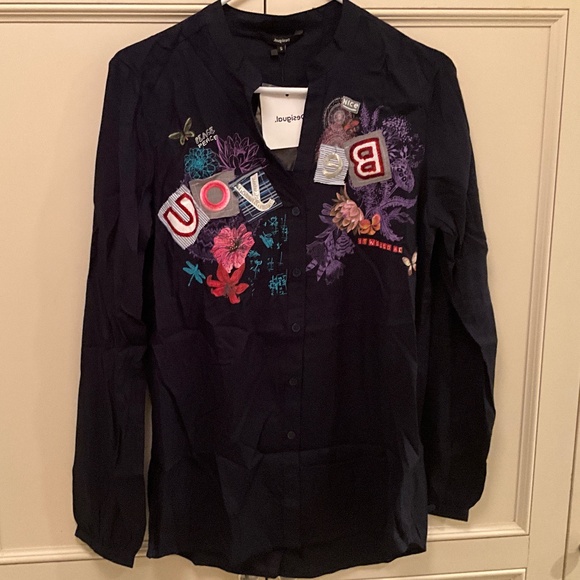 NWT Desigual Navy Blue Embellished Blouse Size S - Picture 1 of 1